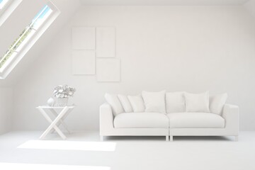 White minimalist living room with sofa. Scandinavian interior design. 3D illustration