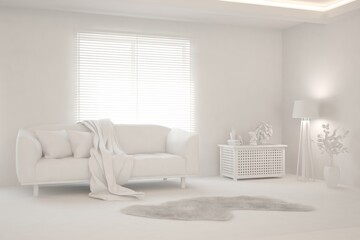 White minimalist living room with sofa. Scandinavian interior design. 3D illustration