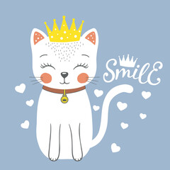 Cute cat princess with crown. Smile slogan. Cartoon vector illustration design for t-shirt graphics, fashion prints