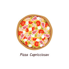 Pizza Capricciosav top view with ingredients. Italian tasty pizza with ham, mushrooms, olives, tomatoes and cheese. Flat style isolated on white background. Vector