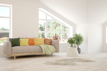 White living room with sofa and summer landscape in window. Scandinavian interior design. 3D illustration