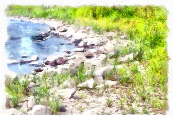 Digital illustration - suburban landscape in watercolor painting style