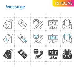 message icon set. included newsletter, sale, price tag, discount, phone call icons on white background. linear, bicolor, filled styles.