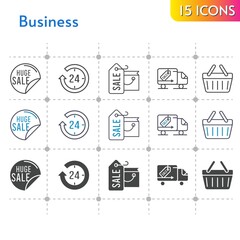 business icon set. included shopping bag, sale, 24-hours, shopping-basket, delivery truck, shopping basket icons on white background. linear, bicolor, filled styles.