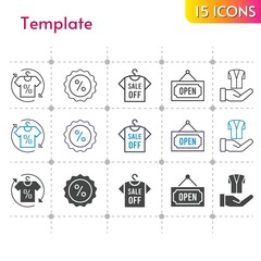 template icon set. included shirt, discount, jacket, open icons on white background. linear, bicolor, filled styles.