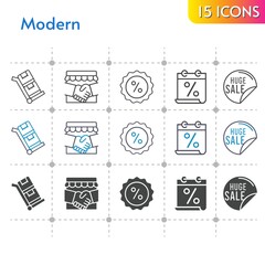modern icon set. included calendar, handshake, sale, discount, trolley icons on white background. linear, bicolor, filled styles.