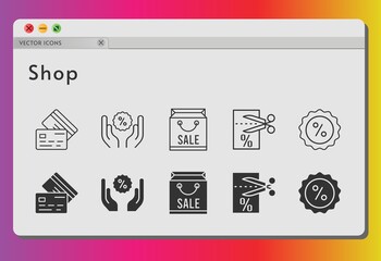 shop icon set. included shopping bag, voucher, discount, credit card icons on white background. linear, filled styles.
