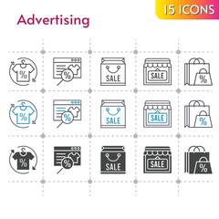 advertising icon set. included online shop, shopping bag, shirt, shop icons on white background. linear, bicolor, filled styles.