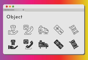 object icon set. included jacket, phone call, discount, delivery truck, trolley icons on white background. linear, filled styles.