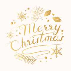 Hand drawn Merry Christmas golden round frame with pine branches, snowflakes and holly. Festive holiday border. Vector isolated winter gold background with calligraphic lettering.