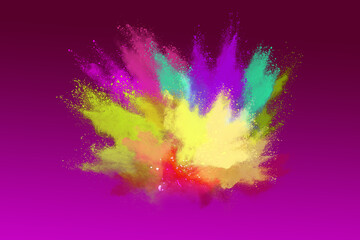 Launched multicolored powder on black background.Color powder explosion.Colorful dust splashing.