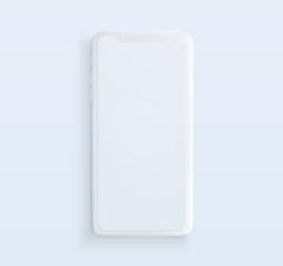 Realistic white clay style smartphone illustration with blank screen. Template for presentation of UI design interface or infographics. Vector cellphone mockup for UX design concept.