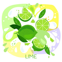 vector illustration of an organic lime milkshake or fruit drink. ripe lime fruits with splash of milk and bright fresh limejuice background. eco concept for a natural mango smoothie label.