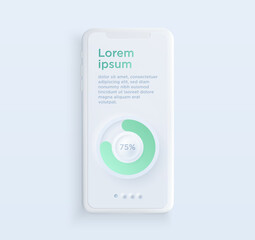 Realistic white clay style smartphone illustration with User Interface elements. Template for presentation of UI design interface or infographics. Vector cellphone mockup for UX design concept.