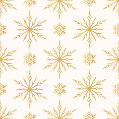 Magic holiday texture for Merry Christmas. Golden snowflakes seamless pattern.  Vector isolated winter gold festive background for wrapping paper.