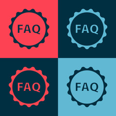 Pop art Label with text FAQ information icon isolated on color background. Circle button with text FAQ. Vector Illustration.
