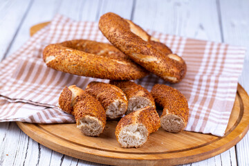 Turkish fast food bagel called Simit. Turkish bagel Simit with sesame. Bagel is traditional Turkish bakery food.