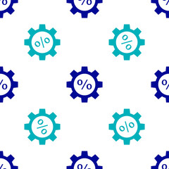 Blue Gear with percent icon isolated seamless pattern on white background. Vector Illustration.