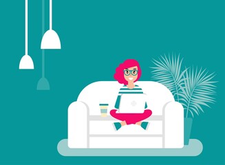 happy freelancer girl with pink hair in chair with laptop and stars. creative hipster work at home.