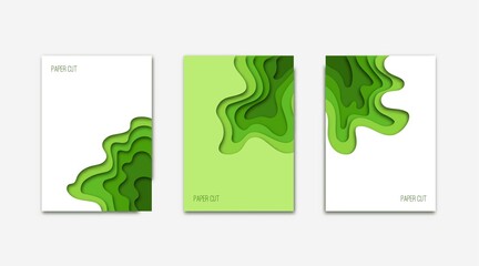 Vertical A4 banners with 3D abstract flowing green liquid background. Design layout for brochures, flyers, posters or invitations. Paper cut out art digital craft style. Vector illustration
