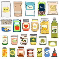 Set of canned food. Preserved food in cans, glass jars, metal containers, packs of cereals