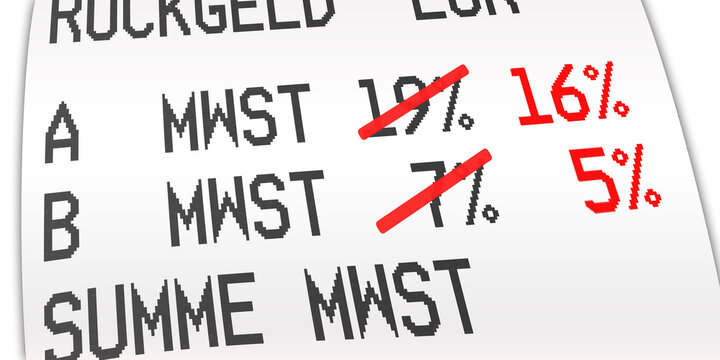 ngb12 NewGraphicBanner ngb - german: Mehrwertsteuer, Kaufbeleg, Kassenbon, Mehrwertsteuersatz von 19 Prozent auf 16 % und von 7 Prozent auf 5 %. - Quittung - financial / invoice - deutsch 2to1 - g9732
