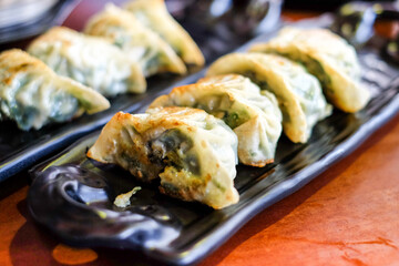 Homemade gyoza serve on black plate for chinese food background or texture.