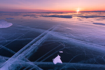 Transparent ice on Lake Baikal near Ogoy island. Siberia, Russia