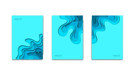 Vertical A4 banners with 3D abstract flowing blue liquid background. Design layout for brochures, flyers, posters or invitations. Paper cut out art digital craft style. Vector illustration