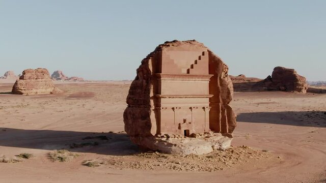 Saudi temple wraparound  in Al Ula, Saudi Arabia, aerial shot