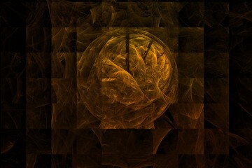 Golden dark abstract background with spheres.