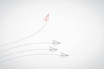 Think different. Think differently concept. Red airplane changing direction. New idea, change, trend, courage, creative solution, innovation and unique way concept.	