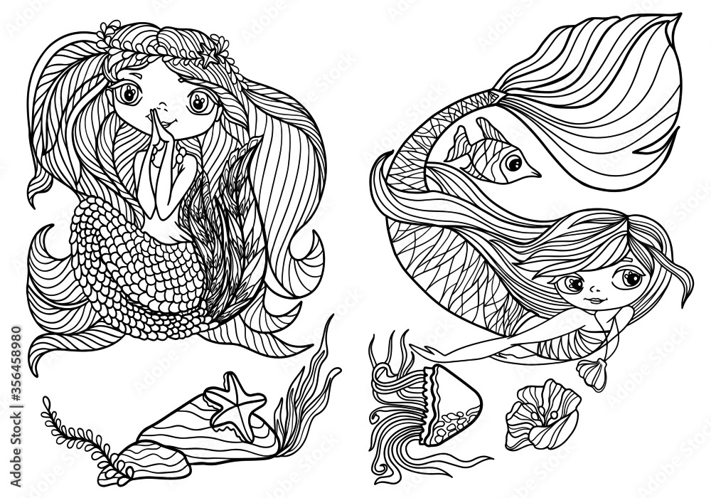 Wall mural two mermaids contour book coloring anti stress for kids page set with fish sketch doodle vector illustration sea ocean print