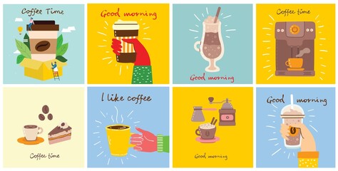 Set of cards with hands hold a cup of hot black dark coffee or beverage, with hand written text..