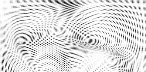Abstract wave halftone black and white. Monochrome texture for printing on badges, posters, and business cards. Vintage pattern of dots randomly arranged