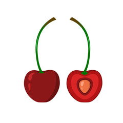 Red cherry with a stalk, whole and half. Berry isolated on a white background. Stock vector illustration.