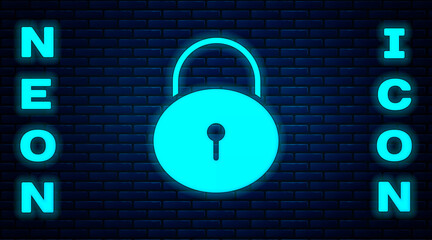 Glowing neon Lock icon isolated on brick wall background. Padlock sign. Security, safety, protection, privacy concept. Vector Illustration.