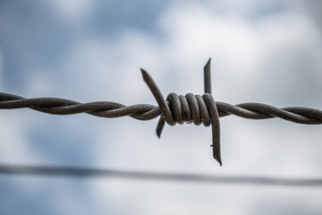 A close up of a the sharp edges on a barbed wire fence.  A macro image of barbed wire fence with a blurred out background of sky and clouds - Powered by Adobe