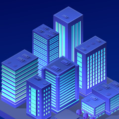 Isometric city neon night ultraviolet 3D illustration