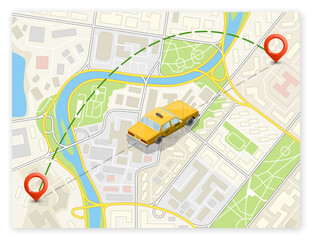 Yellow isometric taxi cab banner. Online navigation application order taxi service. Isometry car isometric route banner. 3D taxi classic vehicle itinerary road. Get a taxi online phone application