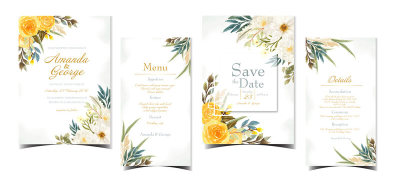 set of floral wedding invitation with colorful flowers
