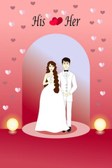 The drawing picture of the couple in white wedding suits on pink rose color tone with beautiful the cluster heart for background, cards, illustration.