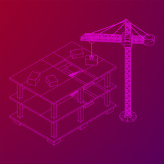 Building under construction with crane. Build house construct in process. Wireframe low poly mesh vector illustration