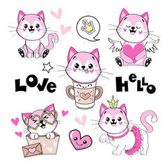 Beautiful fashion pink cats isolated collection on a white background
