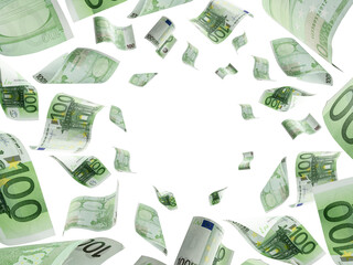 Euro money background. Banknote falling isolated textures on white background.