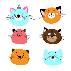 Funny head of cats in kawaii style on a white background for children