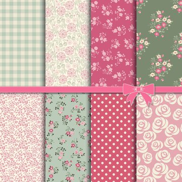 Set of eight seamless floral backgrounds. Ornament, doodle.