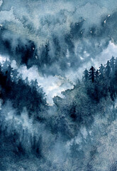 abstract watercolor misty pine forest with dark sky