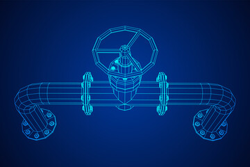 Oil pipeline with valve business concept. Finance economy polygonal petrol production. Petroleum fuel industry transportation line. Wireframe low poly mesh vector illustration.