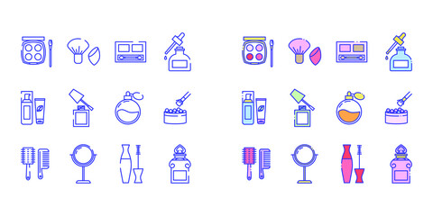Line icons set of beauty and cosmetics icons. Included icons in the form of blush, brush, serum, lotion, nail polish, perfume, powder, comb, mirror, mascara